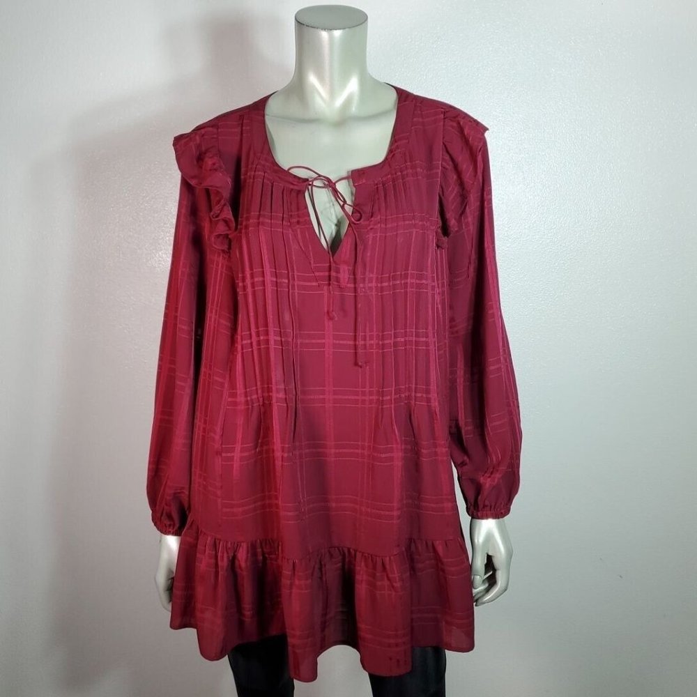 Lane Bryant Peasant Top Plus Size 14/16 Ruffle Pleated Long Sleeve Tie Neck Red - Picture 2 of 6